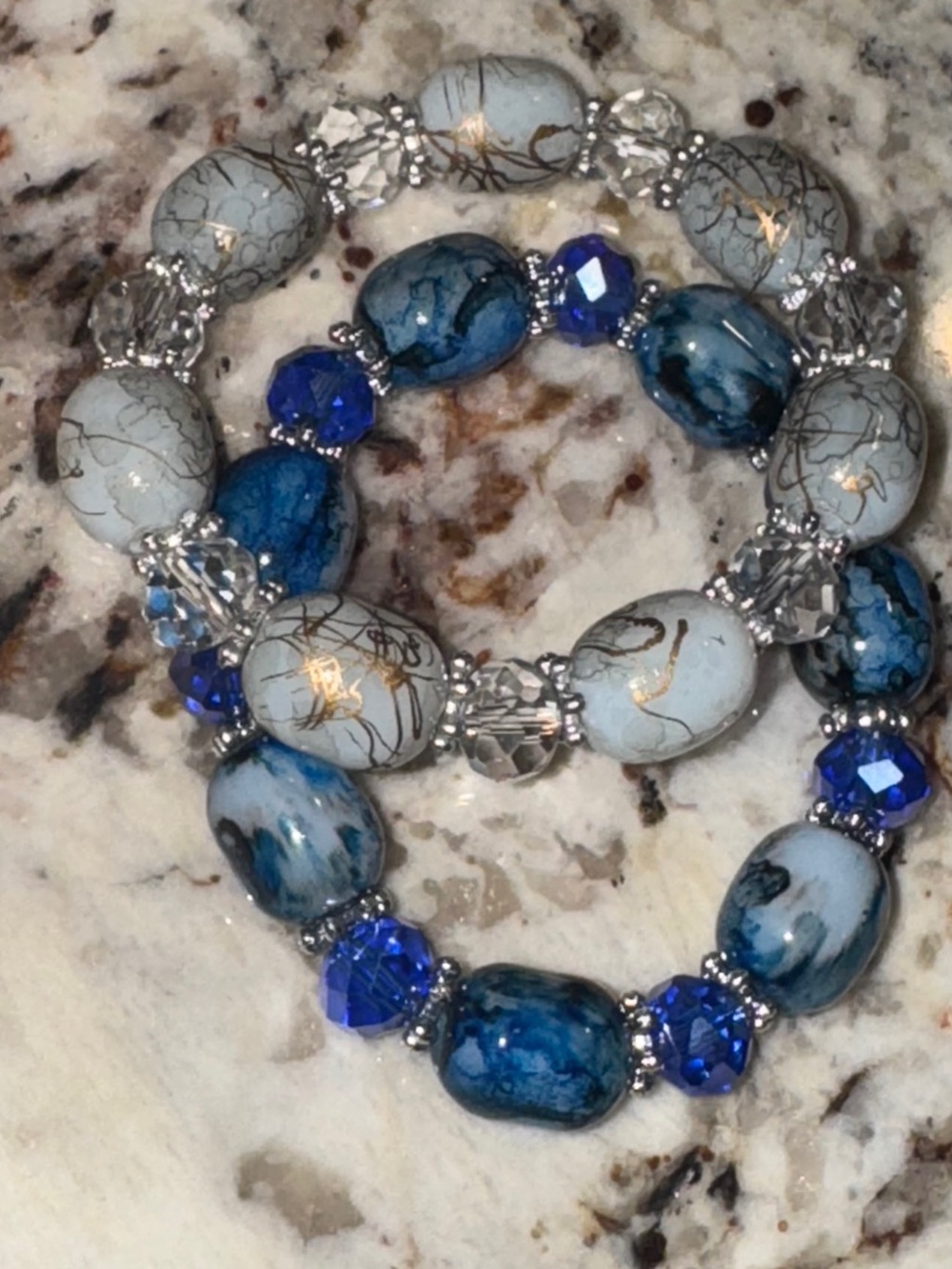 Boho Blue White Gold Veined Glass Beaded Stackable Stretch Bracelets
